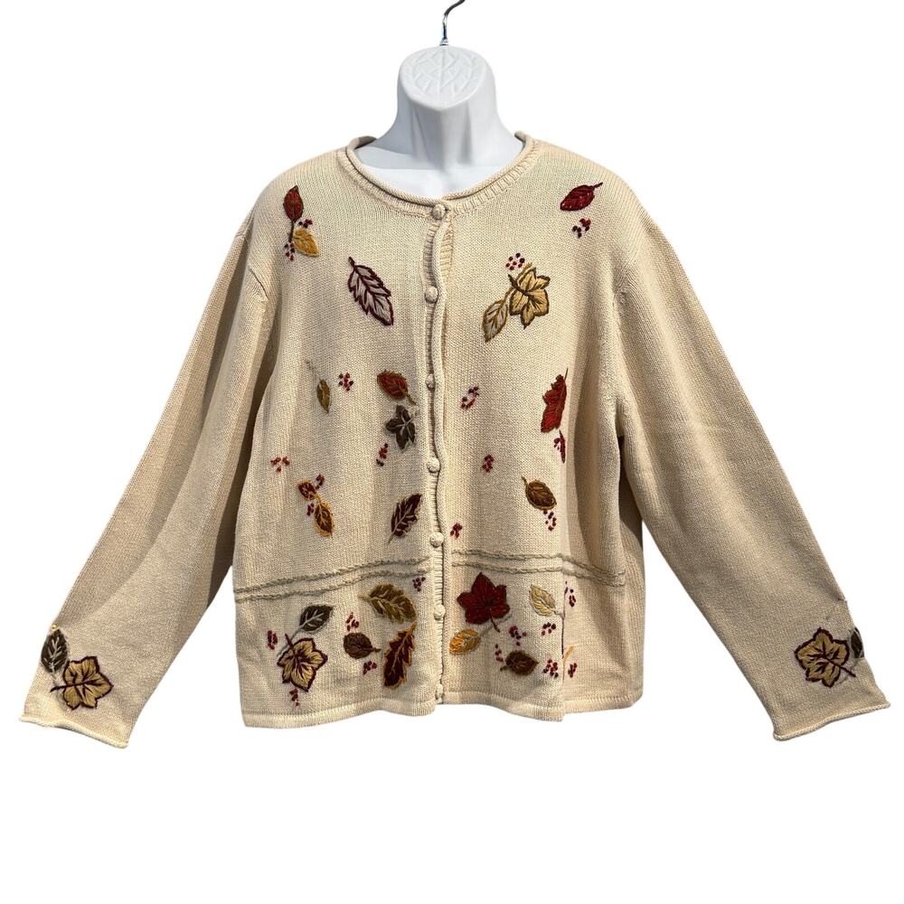VINTAGE Y2K Haband Pumpkin Spice Fall Leaves Autumn Teacher Cardigan Size XX